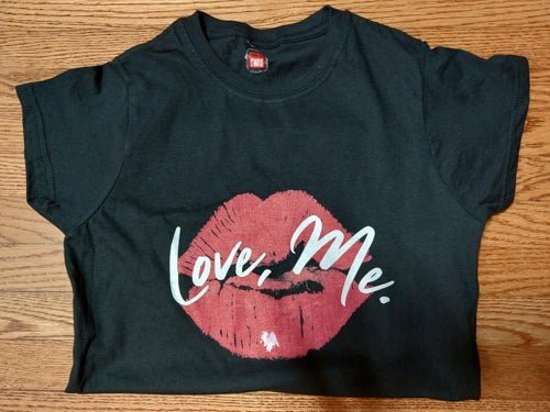 Women's Softstyle Crew Tee with Red Kiss Lips, Green Heart - Love, Me. | CA - Ohhh So Swag