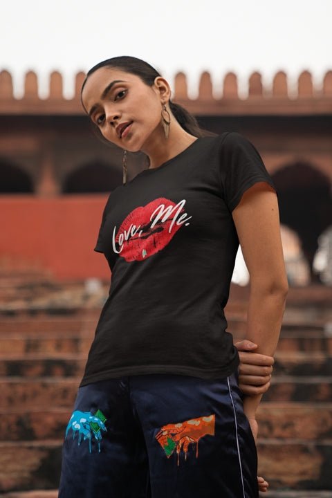 Women's Softstyle Crew Tee with Red Kiss Lips, Green Heart - Love, Me. | CA - Ohhh So Swag