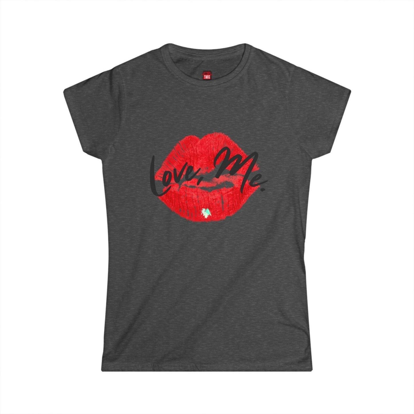 Women's Softstyle Crew Tee with Red Kiss Lips, Green Heart - Love, Me. | US - Ohhh So Swag