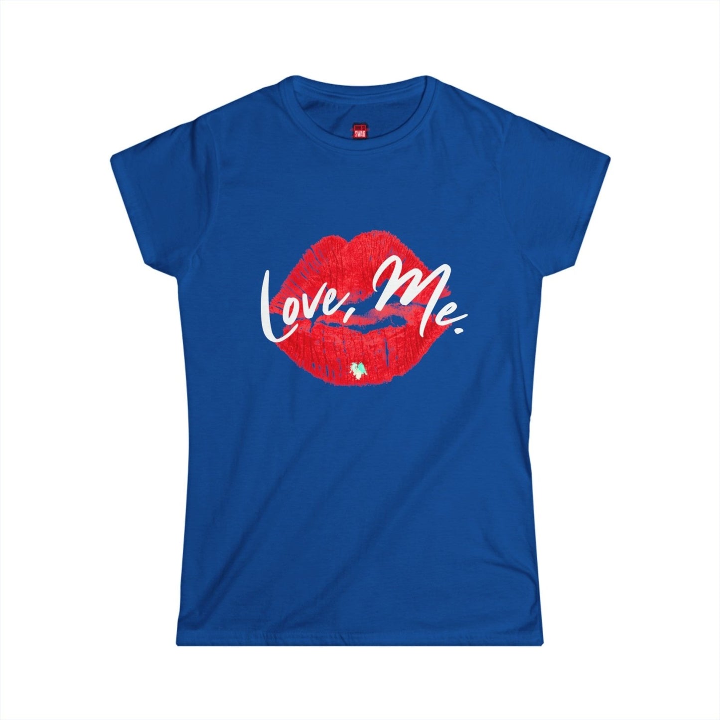 Women's Softstyle Crew Tee with Red Kiss Lips, Green Heart - Love, Me. | US - Ohhh So Swag