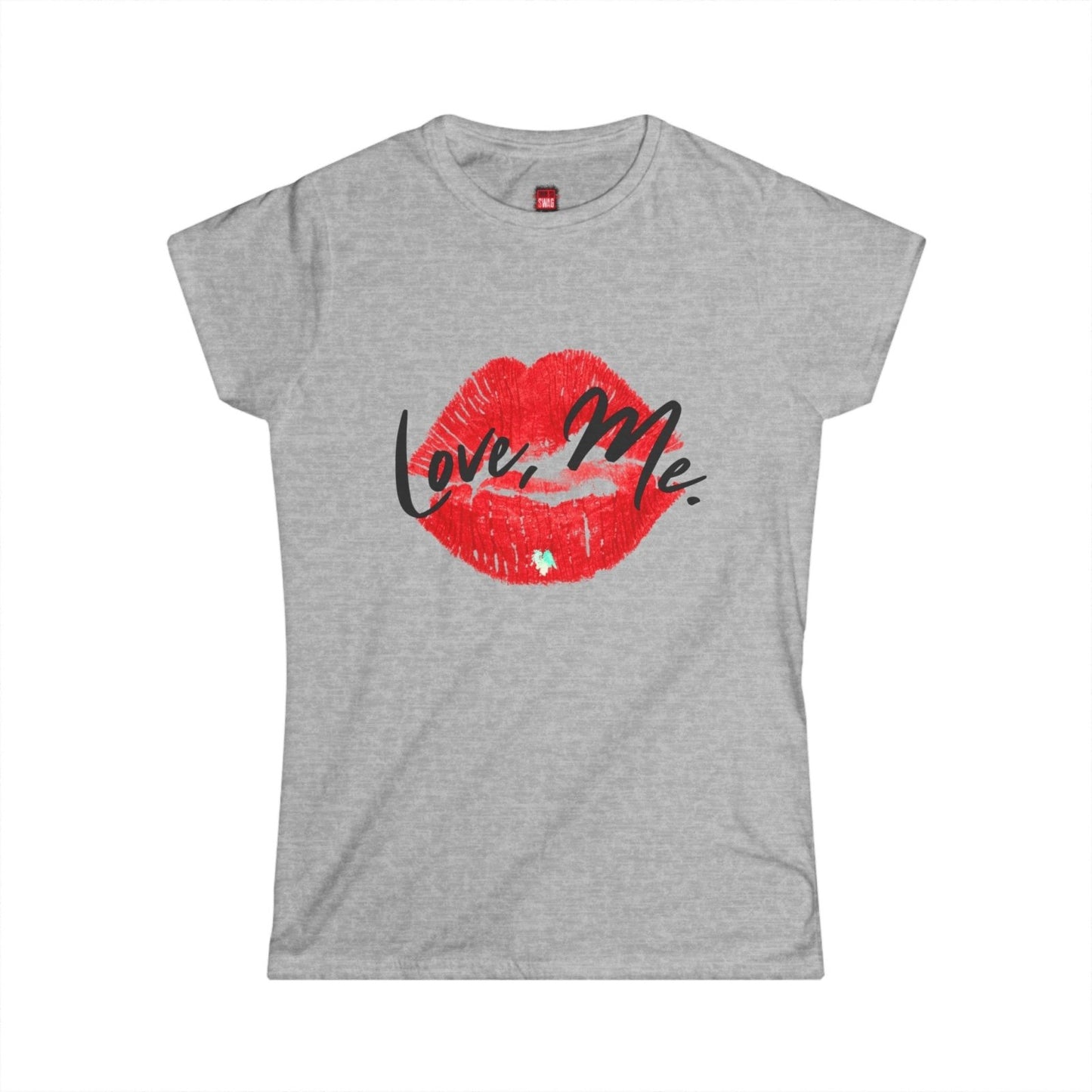 Women's Softstyle Crew Tee with Red Kiss Lips, Green Heart - Love, Me. | US - Ohhh So Swag