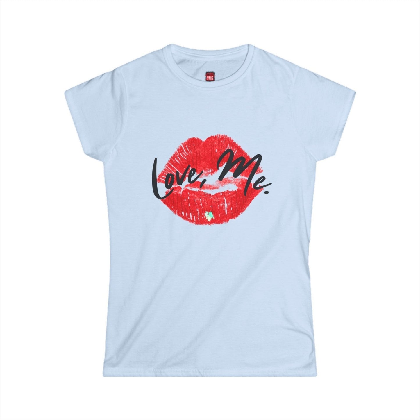 Women's Softstyle Crew Tee with Red Kiss Lips, Green Heart - Love, Me. | US - Ohhh So Swag