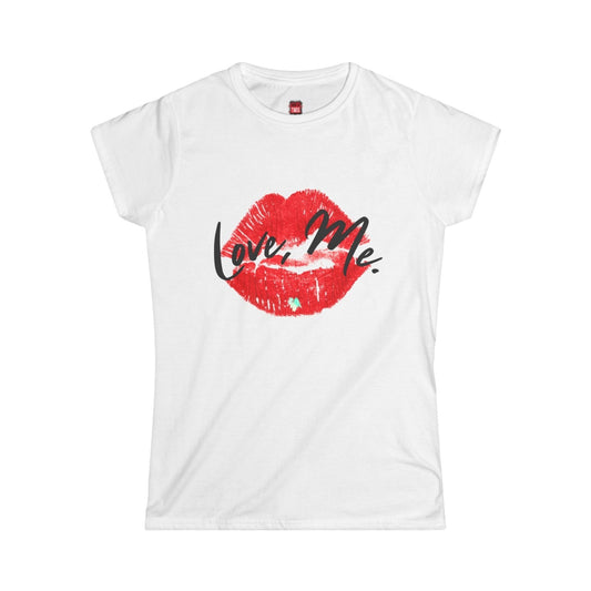 Women's Softstyle Crew Tee with Red Kiss Lips, Green Heart - Love, Me. | US - Ohhh So Swag