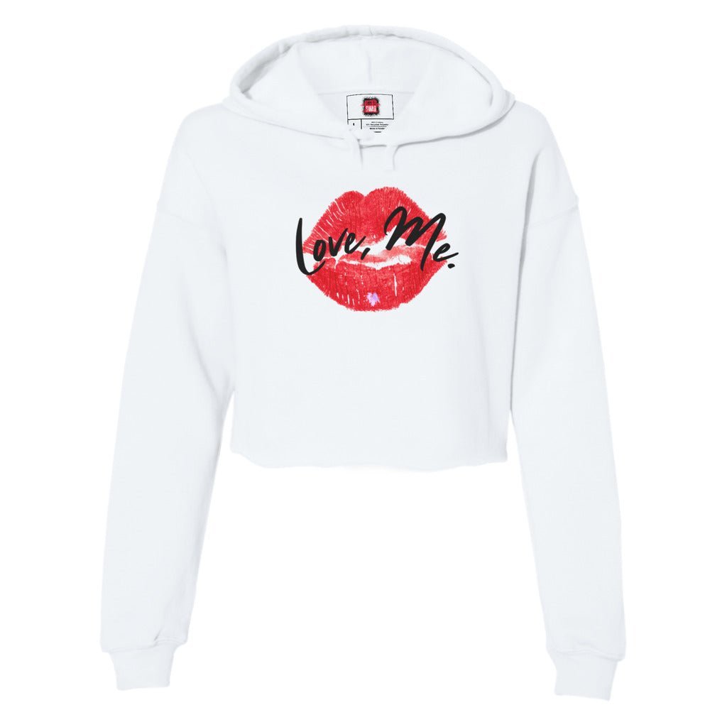 Women's White Coquette Crop Top Hoodie, Red Kiss Lips, Purple Heart - Love, Me. | US - Ohhh So Swag