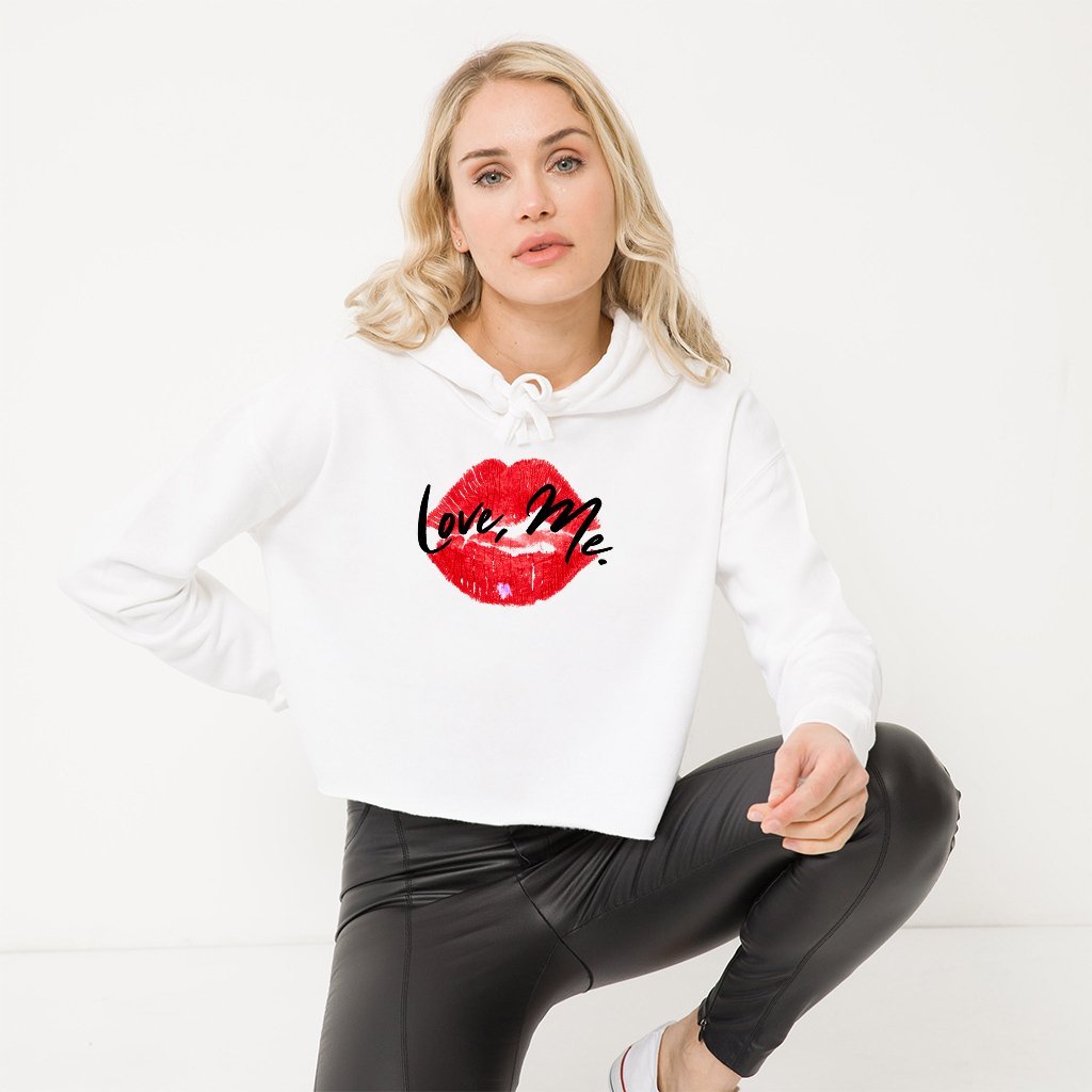 Women's White Coquette Crop Top Hoodie, Red Kiss Lips, Purple Heart - Love, Me. | US - Ohhh So Swag