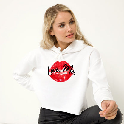 Women's White Coquette Crop Top Hoodie, Red Kiss Lips, Purple Heart - Love, Me. | US - Ohhh So Swag