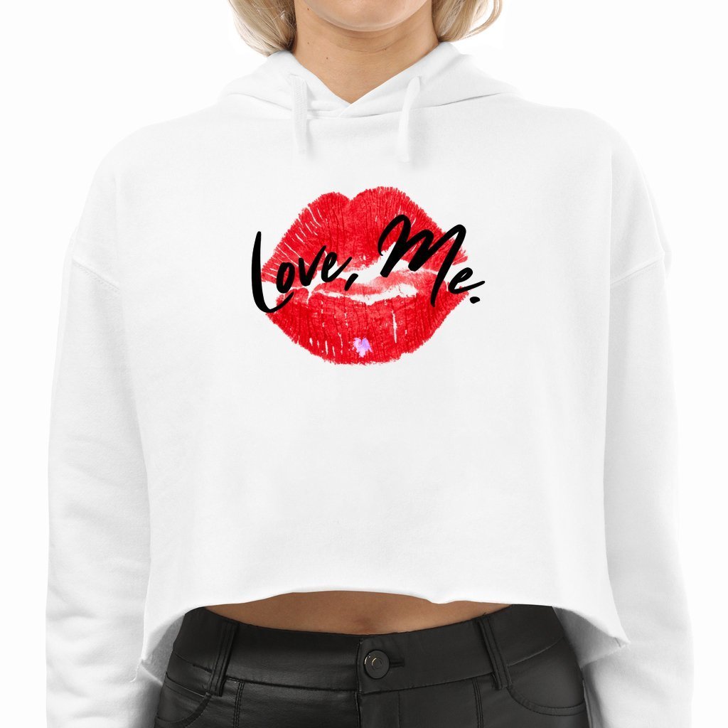 Women's White Coquette Crop Top Hoodie, Red Kiss Lips, Purple Heart - Love, Me. | US - Ohhh So Swag