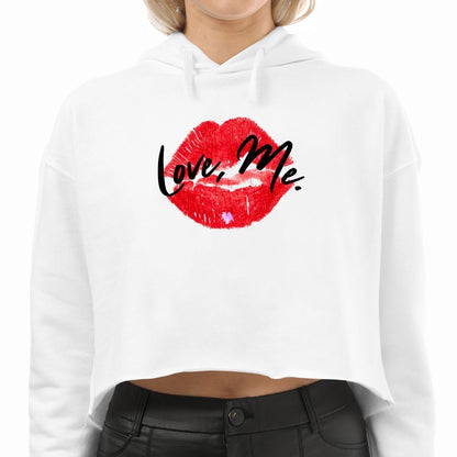 Women's White Coquette Crop Top Hoodie, Red Kiss Lips, Purple Heart - Love, Me. | US - Ohhh So Swag