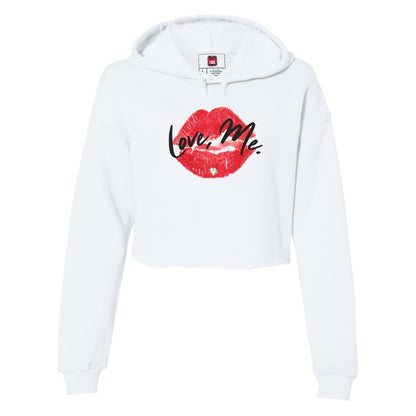 Women's White Crop Top Coquette Hooded Sweatshirt, Red Kiss Lips, Green Heart - Love, Me. | US - Ohhh So Swag