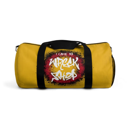 Yellow Duffel Bag with I Came to Wreck Shop Text and Graffiti Design, Motivational and Hip Hop - Inspired | US - Ohhh So Swag