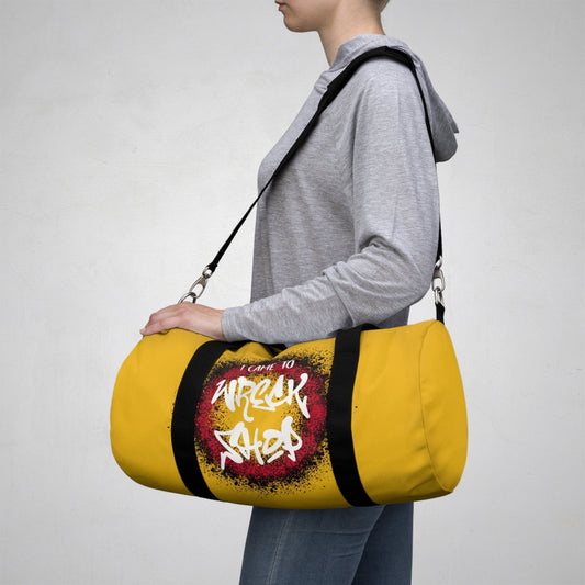 Yellow Duffel Bag with I Came to Wreck Shop Text and Graffiti Design, Motivational and Hip Hop - Inspired | US - Ohhh So Swag