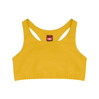 Yellow Sports Bra, Medium Support, Red Kiss Lips, Purple Heart - Love, Me. | US - Ohhh So Swag