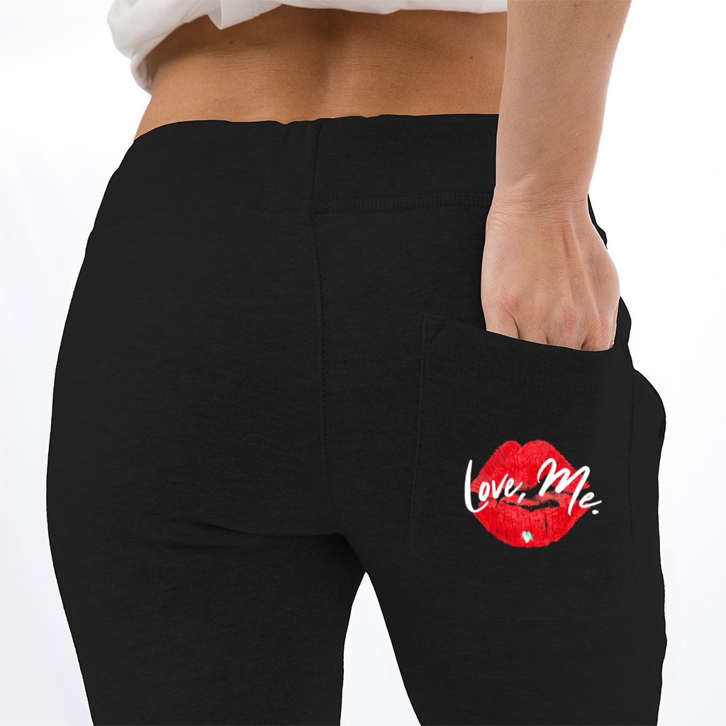 Black Premium Fleece Joggers, Red Kiss Lips, Green Heart, White Font – Love, Me. | US - Ohhh So Swag