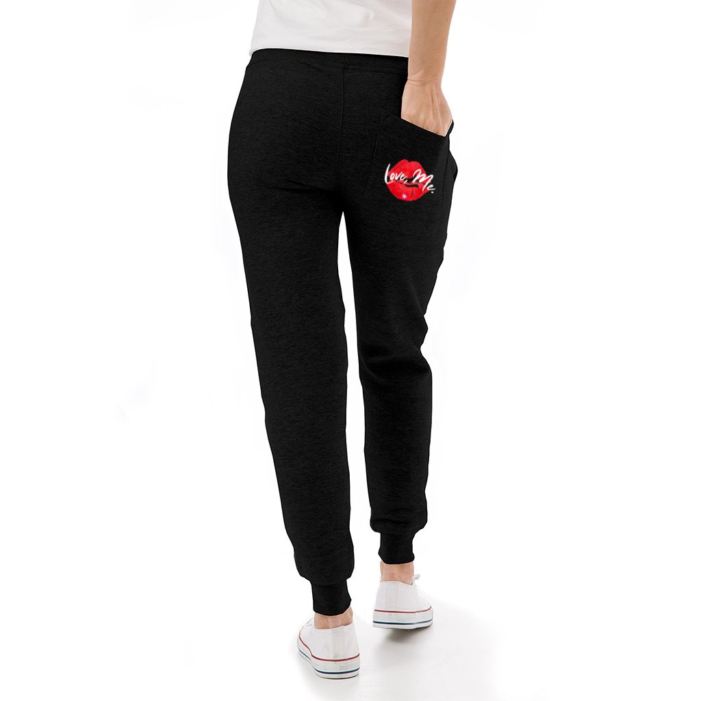 Black Premium Fleece Joggers, Red Kiss Lips, Purple Heart, White Font – Love, Me. | US - Ohhh So Swag