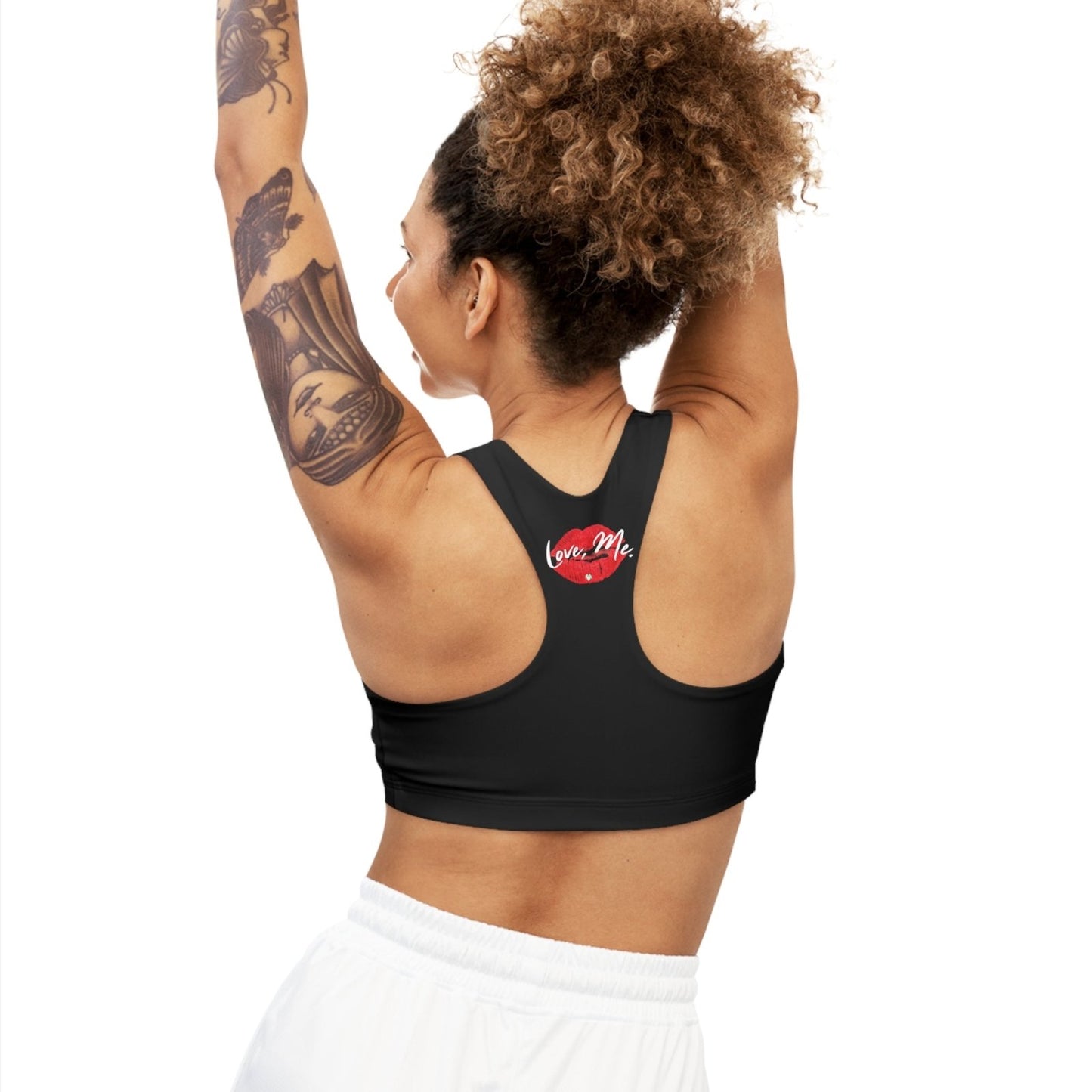 Black Sports Bra, Medium Support, Red Kiss Lips, Green Heart - Love, Me. | US - Ohhh So Swag