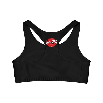 Black Sports Bra, Medium Support, Red Kiss Lips, Green Heart - Love, Me. | US - Ohhh So Swag