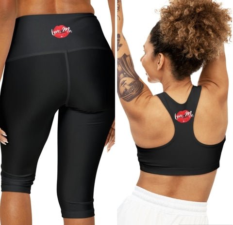 Black Sports Bra, Medium Support, Red Kiss Lips, Purple Heart - Love, Me. | US - Ohhh So Swag