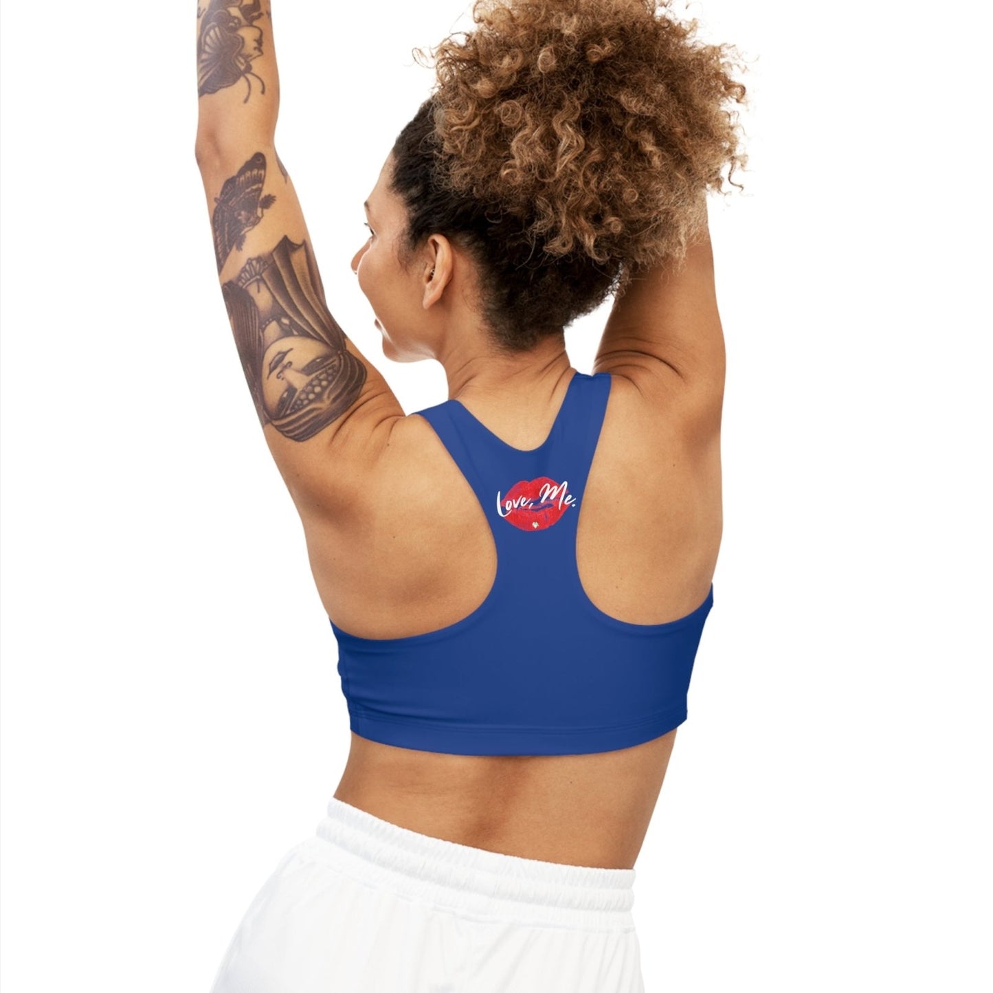 Blue Sports Bra, Medium Support, Red Kiss Lips, Green Heart - Love, Me. | US - Ohhh So Swag