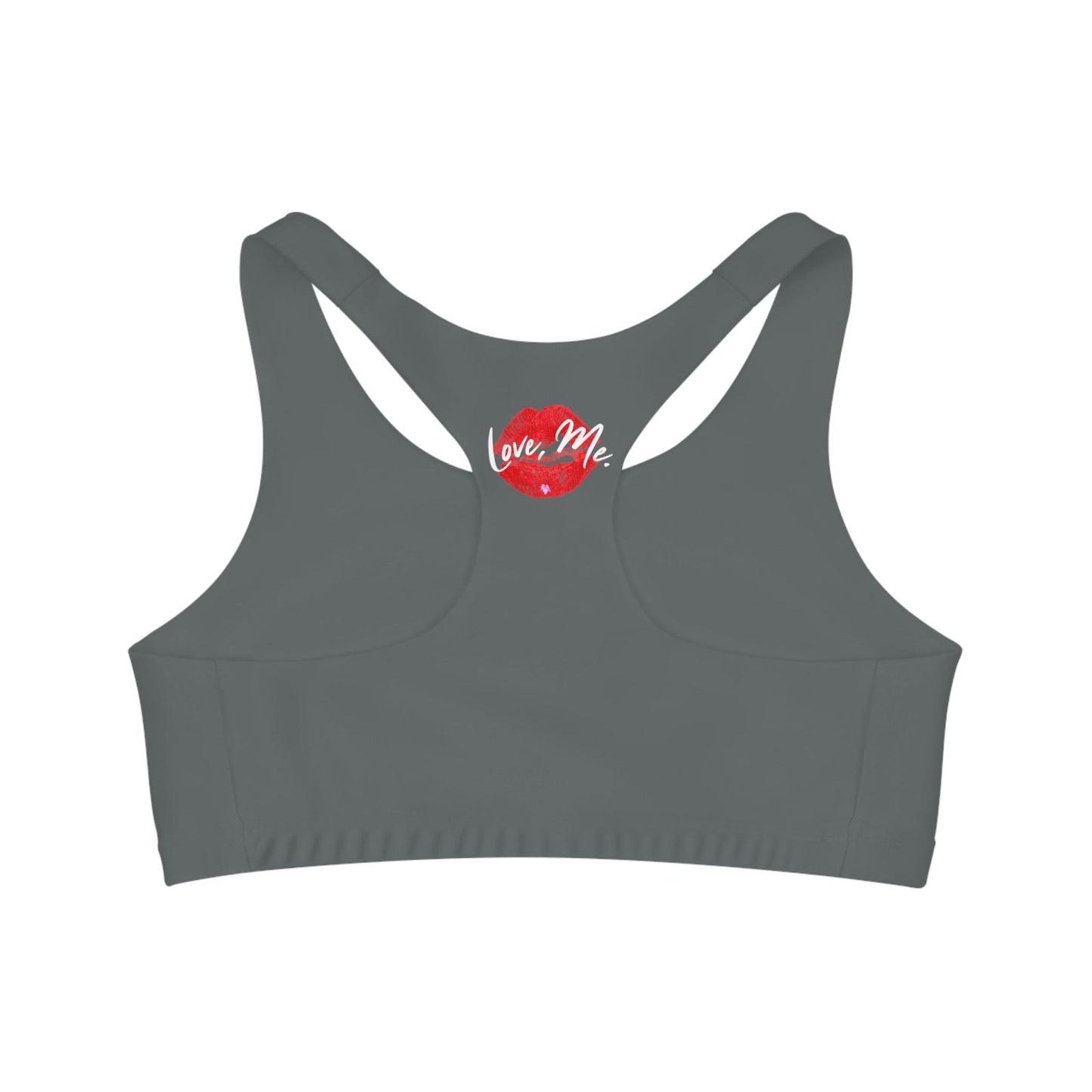 Dark Grey Sports Bra, Medium Support, Red Kiss Lips, Purple Heart - Love, Me. | US - Ohhh So Swag