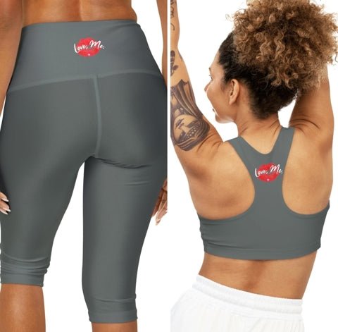 Dark Grey Sports Bra, Medium Support, Red Kiss Lips, Purple Heart - Love, Me. | US - Ohhh So Swag