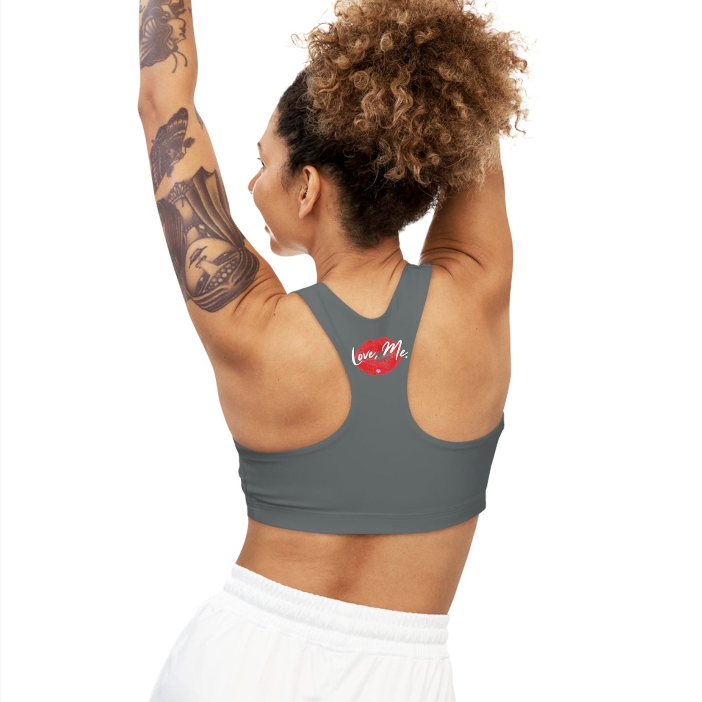 Dark Grey Sports Bra, Medium Support, Red Kiss Lips, Purple Heart - Love, Me. | US - Ohhh So Swag