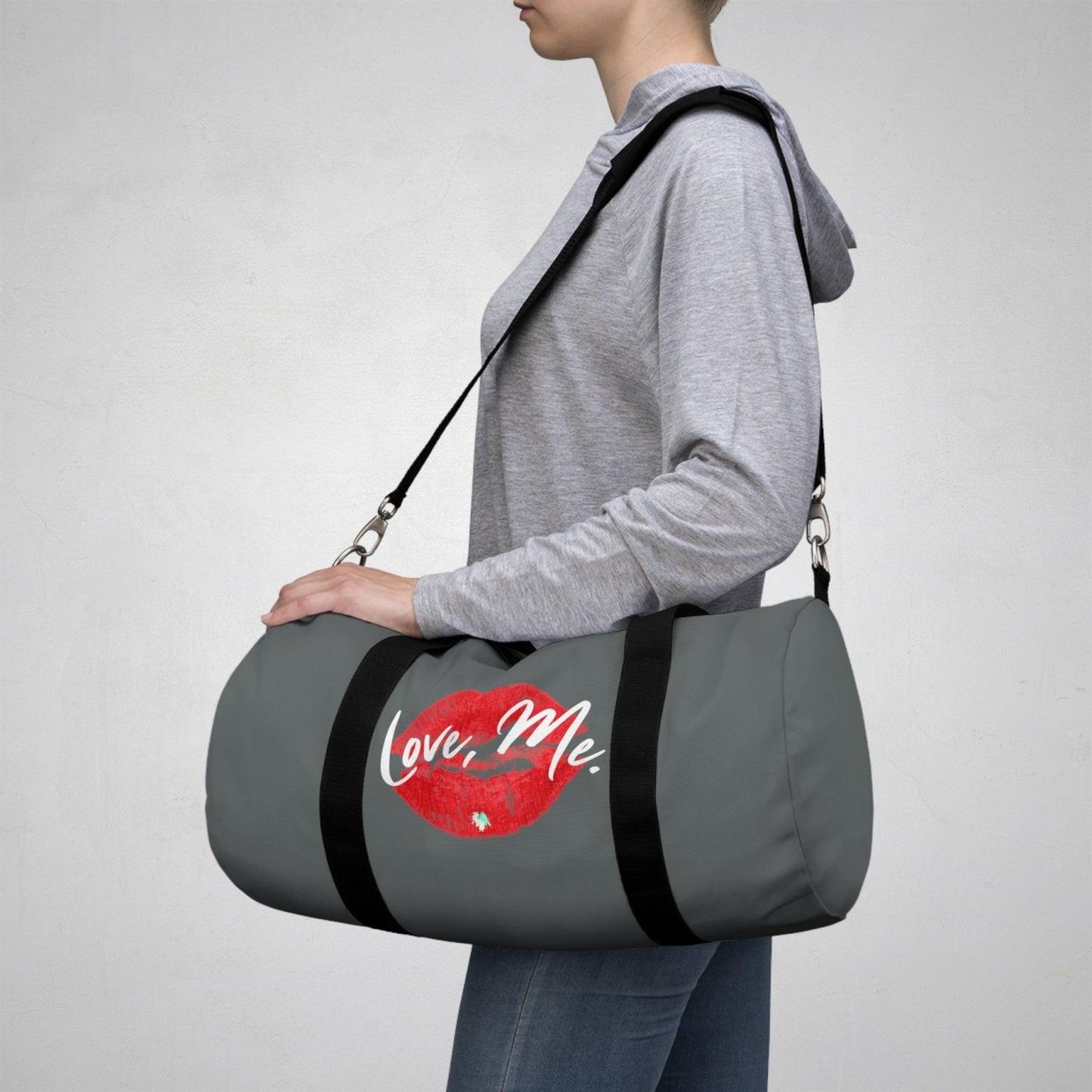 Duffel Bag with Red Kiss Lips, Green Heart (Dark Grey, White) - Love, Me. | EUR - Ohhh So Swag