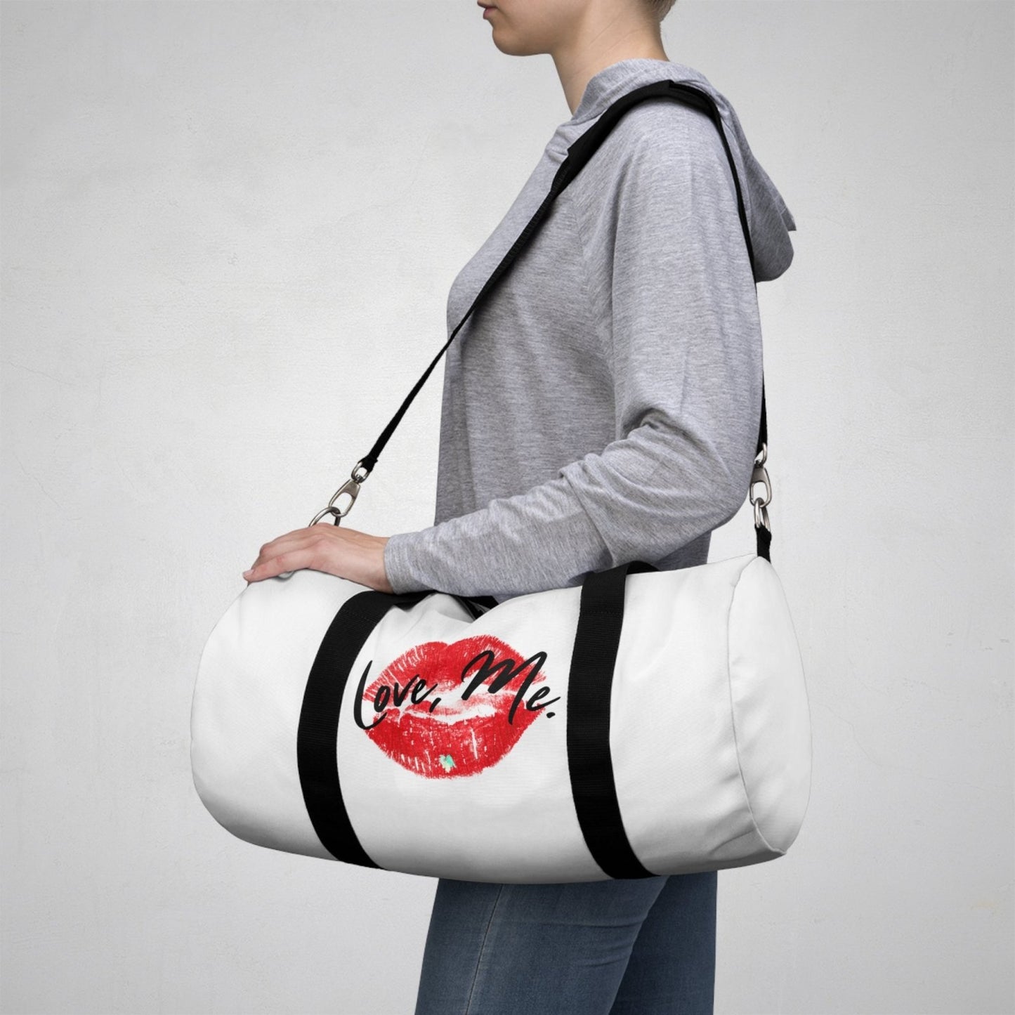 Duffel Bag with Red Kiss Lips, Green Heart (White) - Love, Me. | EUR - Ohhh So Swag