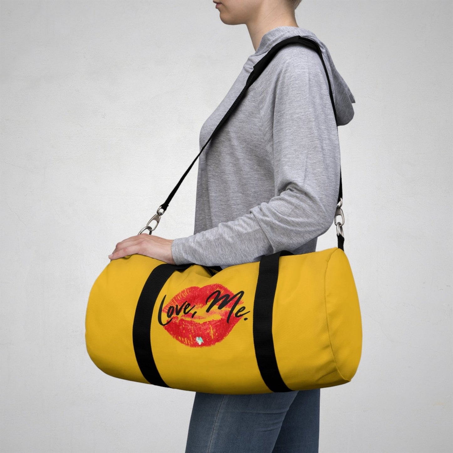 Duffel Bag with Red Kiss Lips, Green Heart (Yellow) - Love, Me. | EUR - Ohhh So Swag