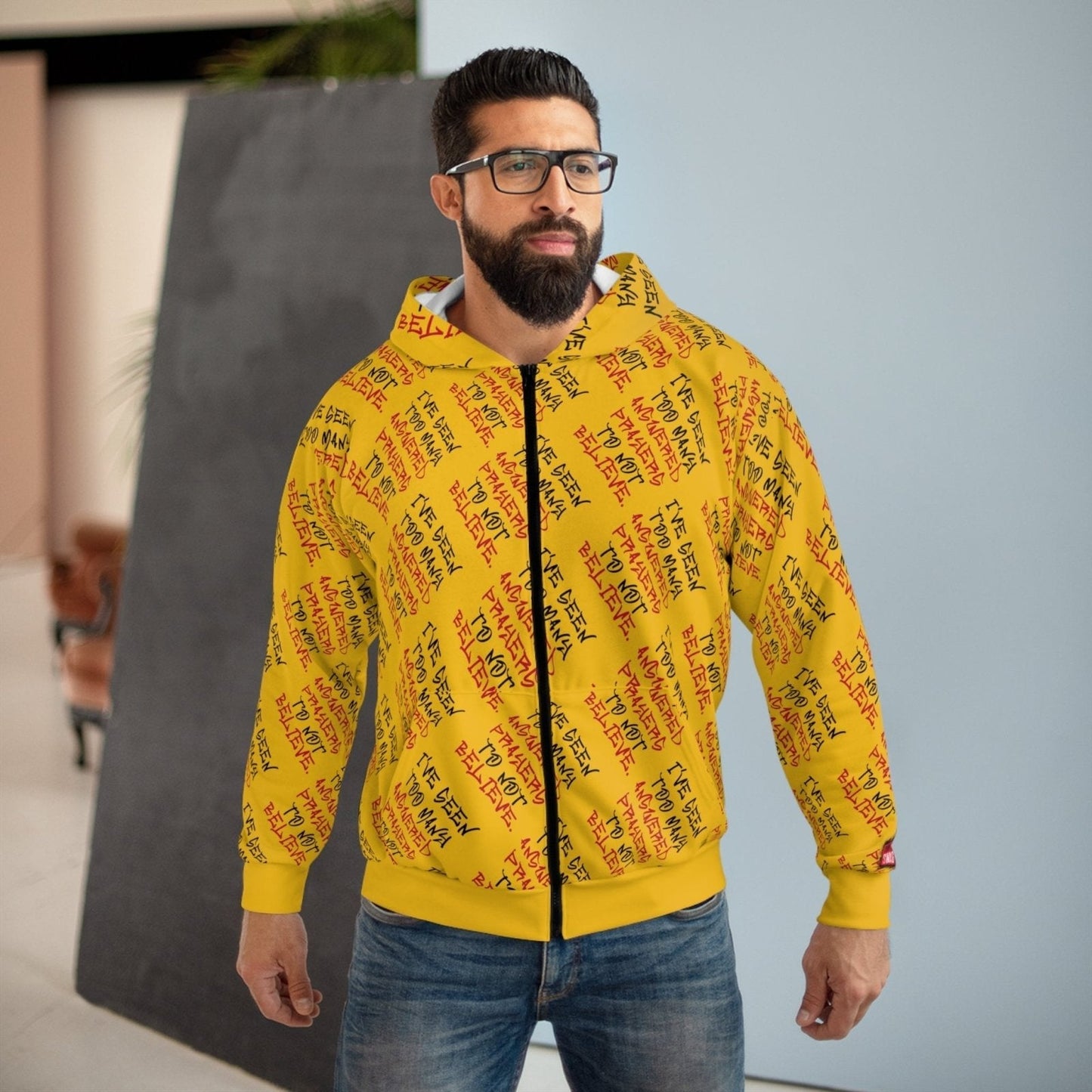 Graphic All-Over Print Full Zip Streetwear Hoodie, Yellow/Black – I’ve Seen Too Many Answered Prayers to Not Believe | US - Ohhh So Swag