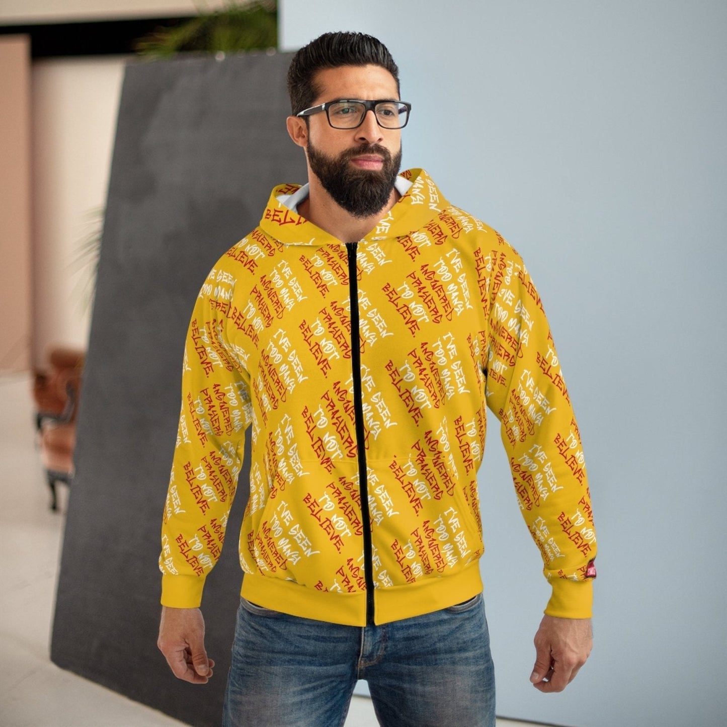 Graphic All-Over Print Full Zip Streetwear Hoodie, Yellow/White – I’ve Seen Too Many Answered Prayers to Not Believe | US - Ohhh So Swag