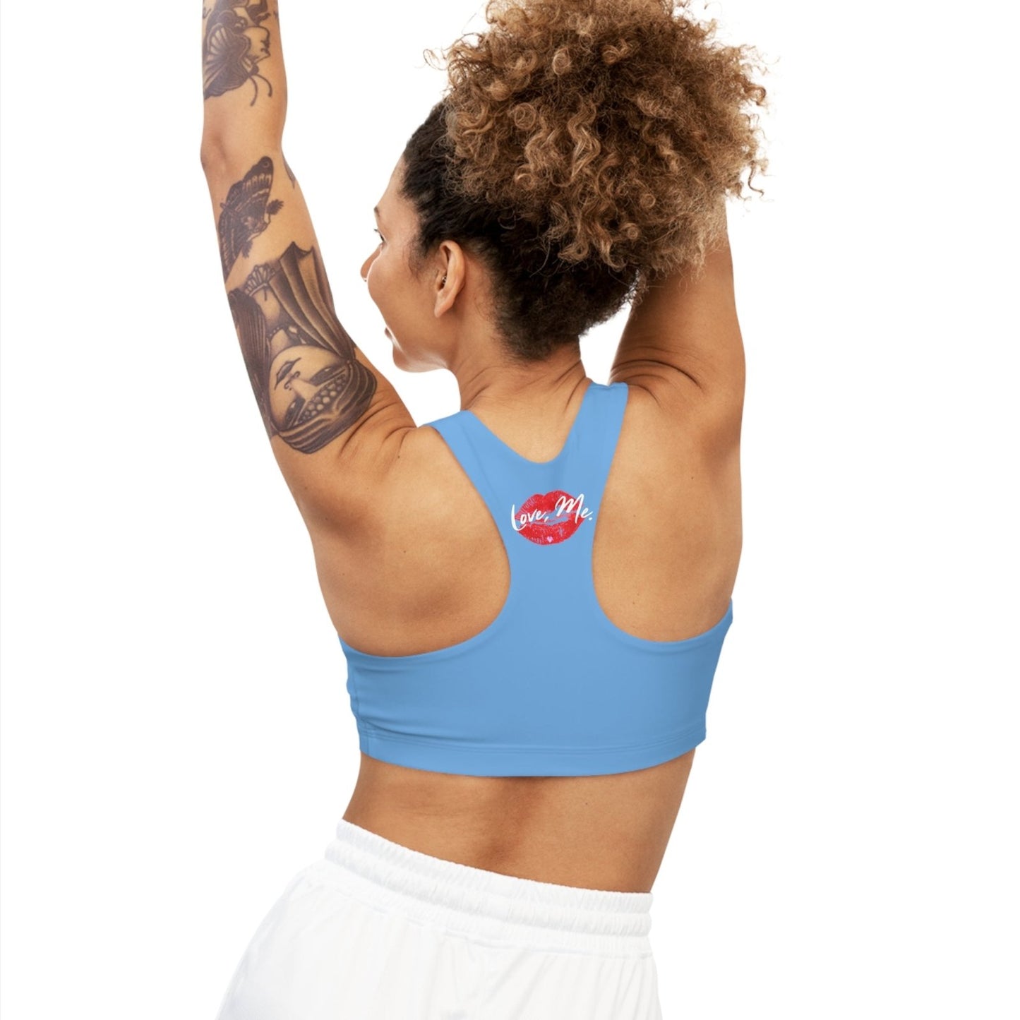 Light Blue Sports Bra, Medium Support, Red Kiss Lips, Purple Heart - Love, Me. | US - Ohhh So Swag