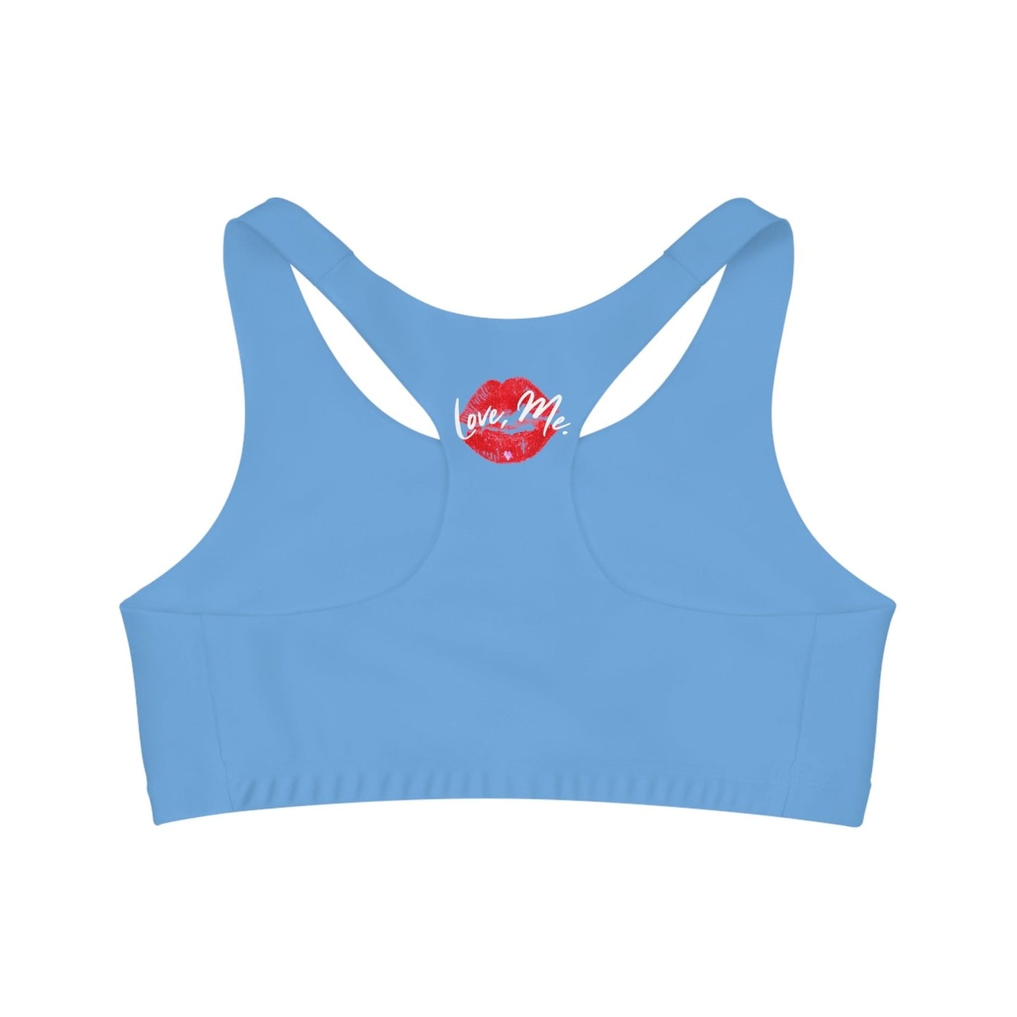 Light Blue Sports Bra, Medium Support, Red Kiss Lips, Purple Heart - Love, Me. | US - Ohhh So Swag