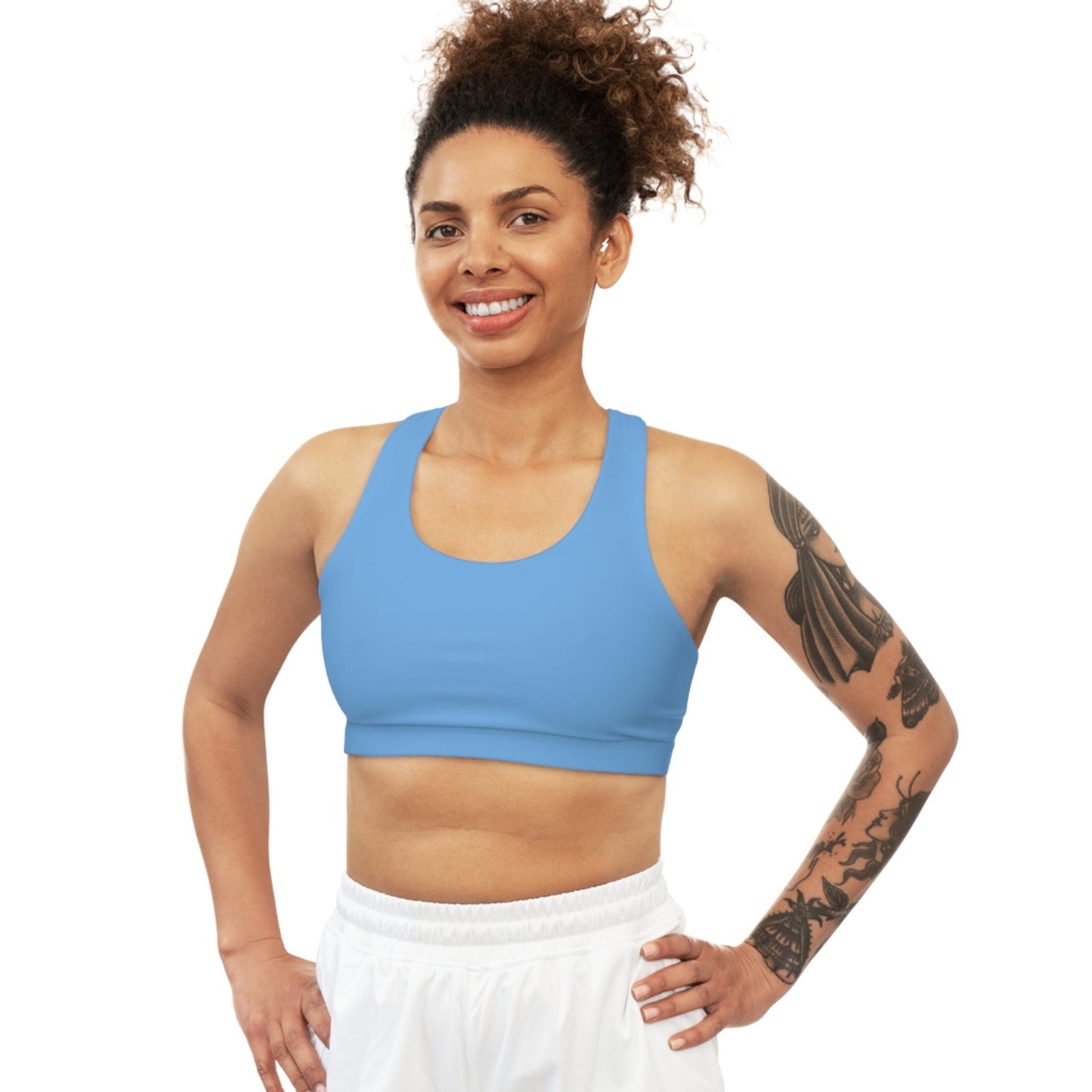 Light Blue Sports Bra, Medium Support, Red Kiss Lips, Purple Heart - Love, Me. | US - Ohhh So Swag