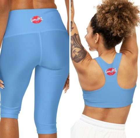 Light Blue Sports Bra, Medium Support, Red Kiss Lips, Purple Heart - Love, Me. | US - Ohhh So Swag