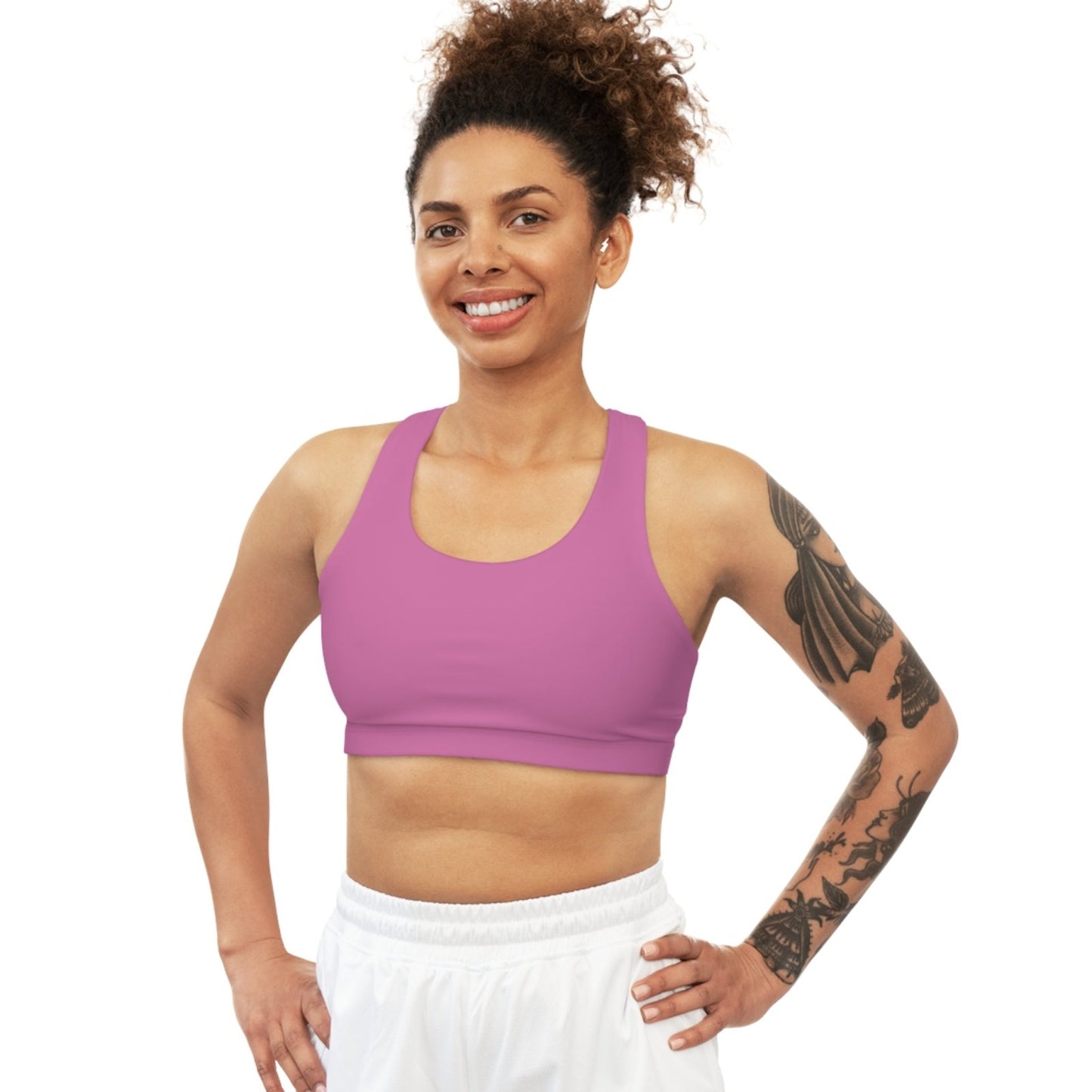 Light Pink Sports Bra, Medium Support, Red Kiss Lips, Purple Heart - Love, Me. | US - Ohhh So Swag