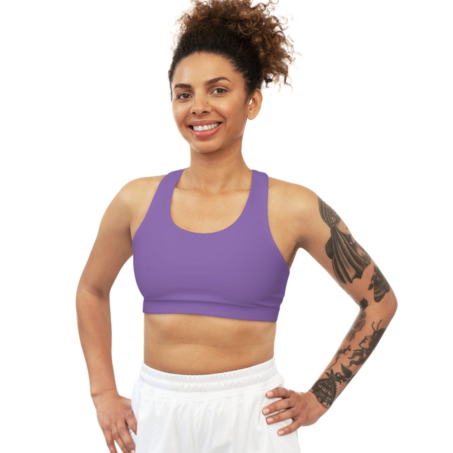 Light Purple Sports Bra, Medium Support, Red Kiss Lips, Purple Heart - Love, Me. | US - Ohhh So Swag