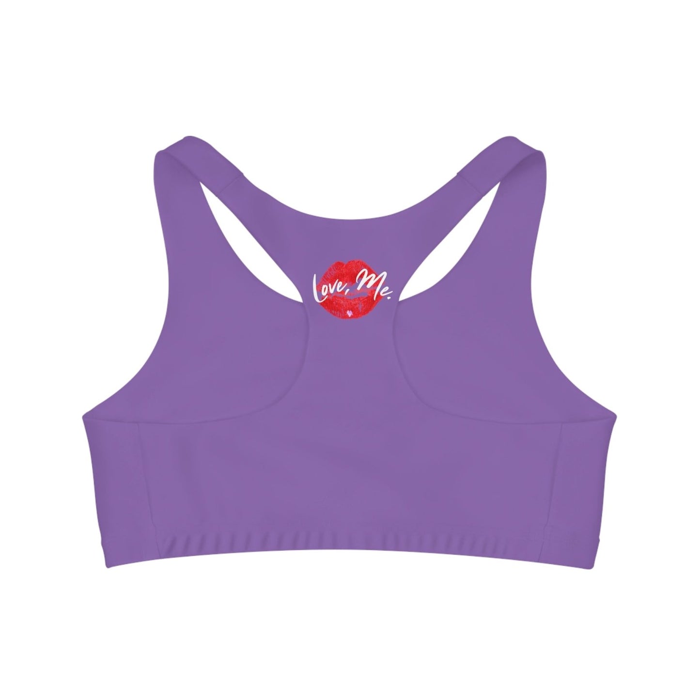 Light Purple Sports Bra, Medium Support, Red Kiss Lips, Purple Heart - Love, Me. | US - Ohhh So Swag