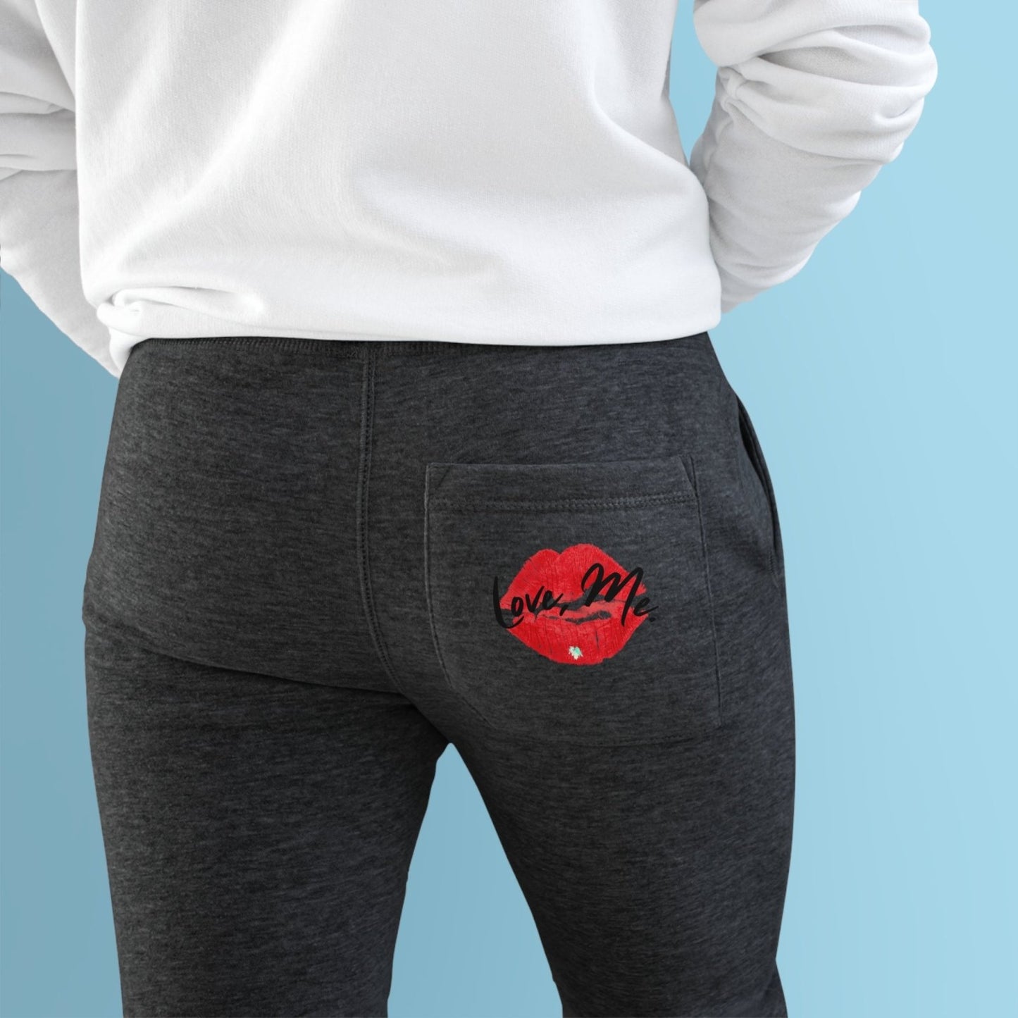 Premium Fleece Joggers, Red Kiss Lips, Green Heart, Black Font – Love, Me. | US - Ohhh So Swag