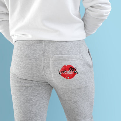 Premium Fleece Joggers, Red Kiss Lips, Green Heart, Black Font – Love, Me. | US - Ohhh So Swag