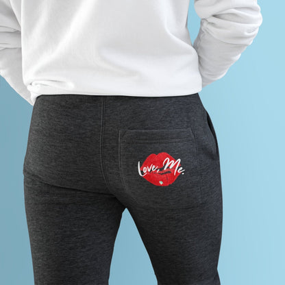 Premium Fleece Joggers, Red Kiss Lips, Green Heart, White Font – Love, Me. | US - Ohhh So Swag