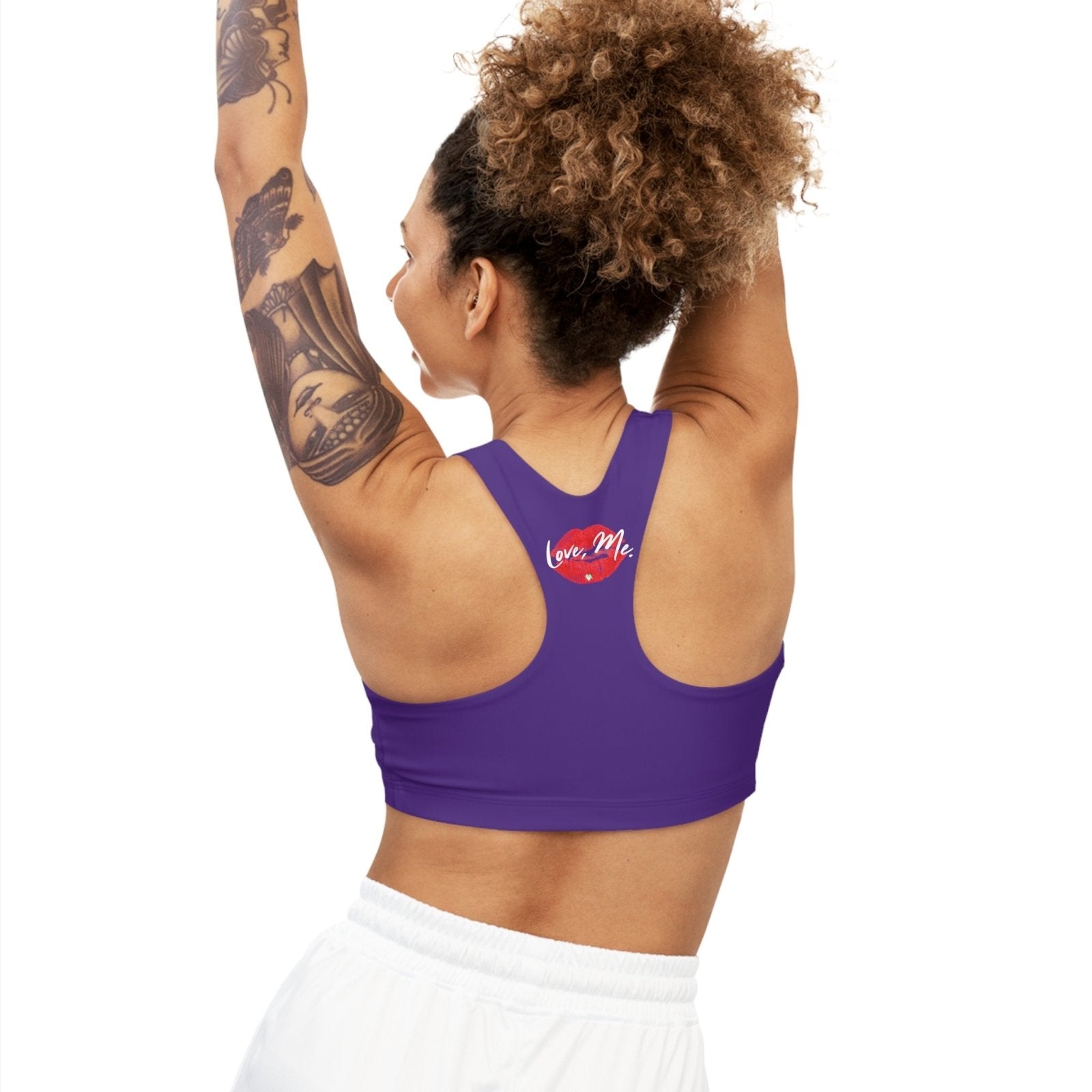 Purple Sports Bra, Medium Support, Red Kiss Lips, Green Heart, Back View on Woman - Love, Me. | US - Ohhh So Swag