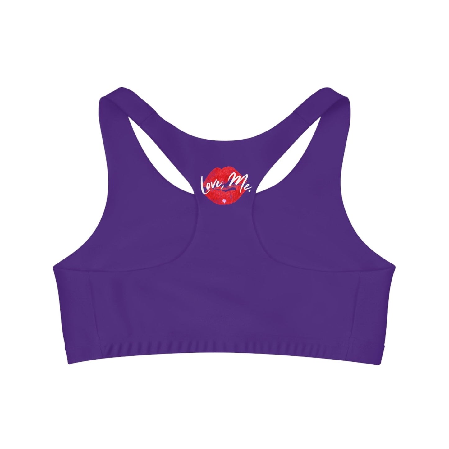 Purple Sports Bra, Medium Support, Red Kiss Lips, Purple Heart - Love, Me. | US - Ohhh So Swag