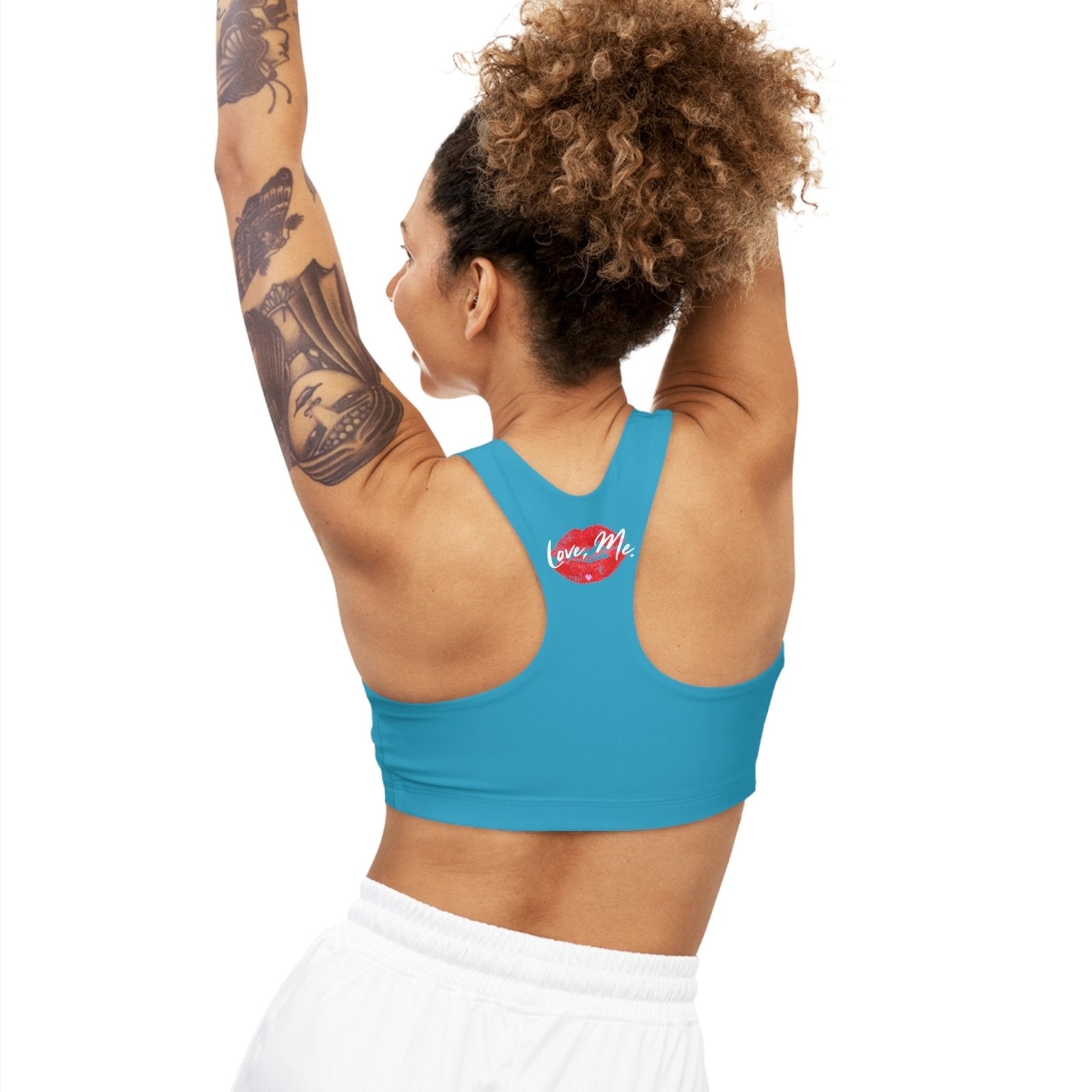 Turquoise Sports Bra, Medium Support, Red Kiss Lips, Purple Heart - Love, Me. | US - Ohhh So Swag