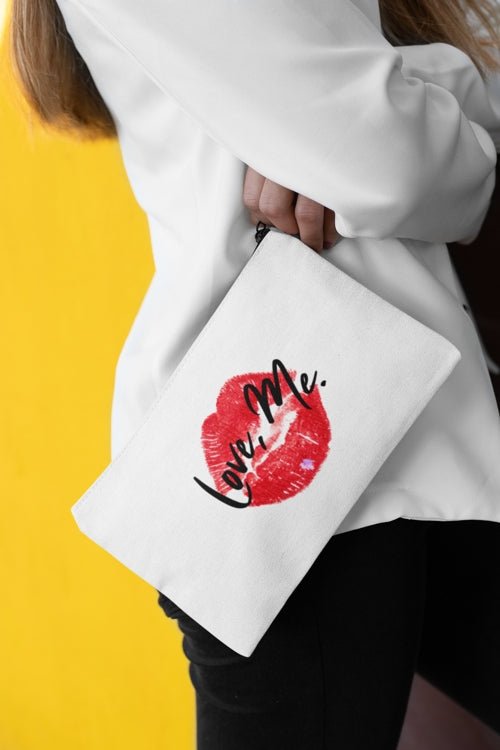 White Makeup Bag, Toiletry Bag, Cosmetic Bag, Accessory Pouch – Love, Me. Red Lips/Purple Heart | US - Ohhh So Swag