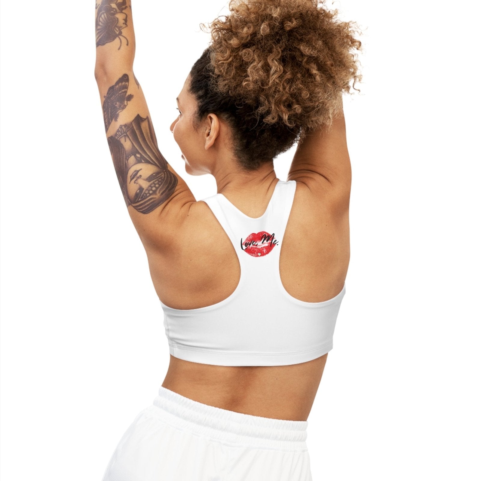 White Sports Bra, Medium Support, Red Kiss Lips, Green Heart - Love, Me. | US - Ohhh So Swag