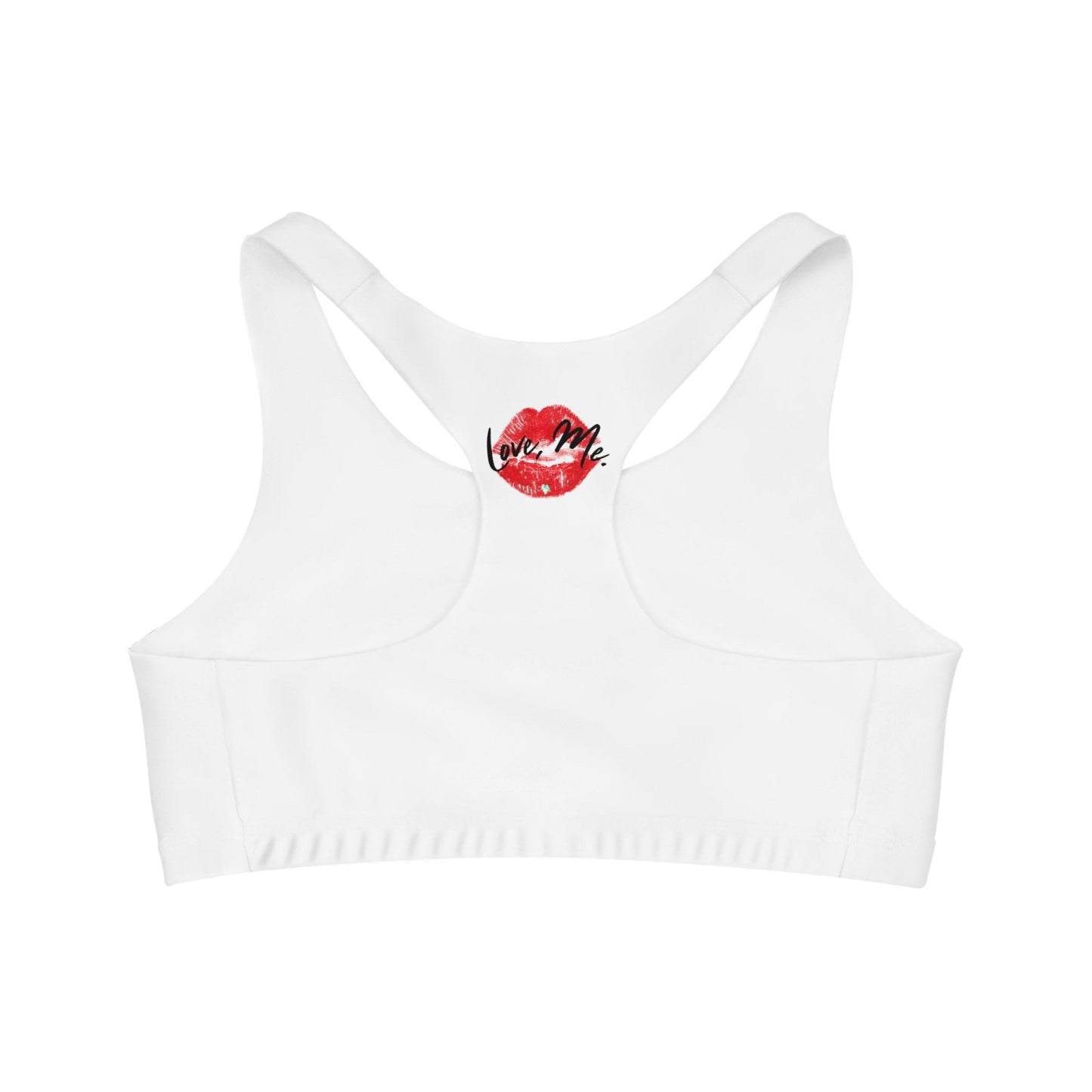 White Sports Bra, Medium Support, Red Kiss Lips, Green Heart - Love, Me. | US - Ohhh So Swag