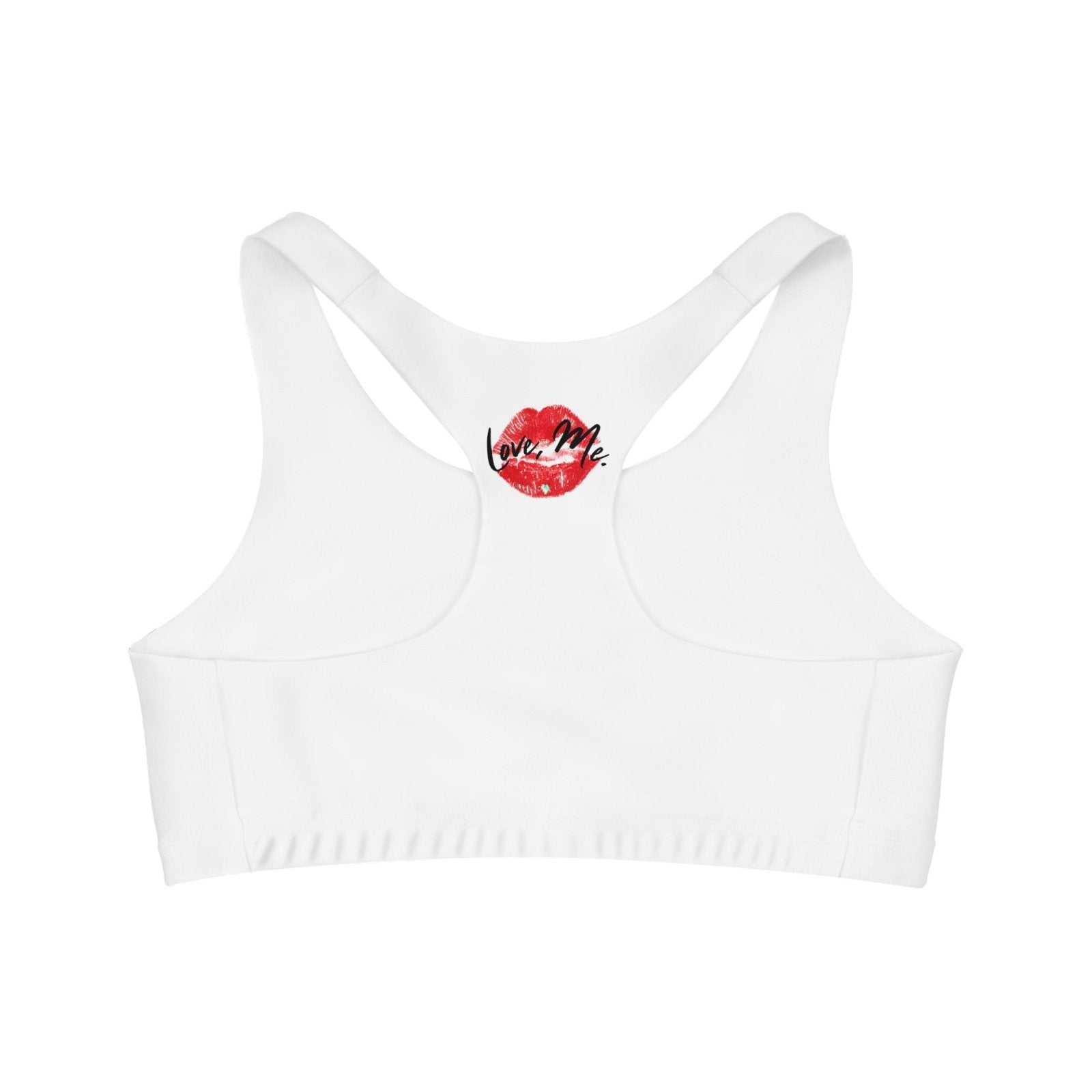 White Sports Bra, Medium Support, Red Kiss Lips, Green Heart - Love, Me. | US - Ohhh So Swag