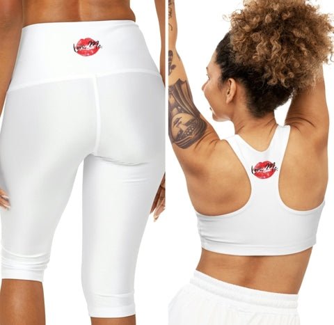 White Sports Bra, Medium Support, Red Kiss Lips, Purple Heart - Love, Me. | US - Ohhh So Swag