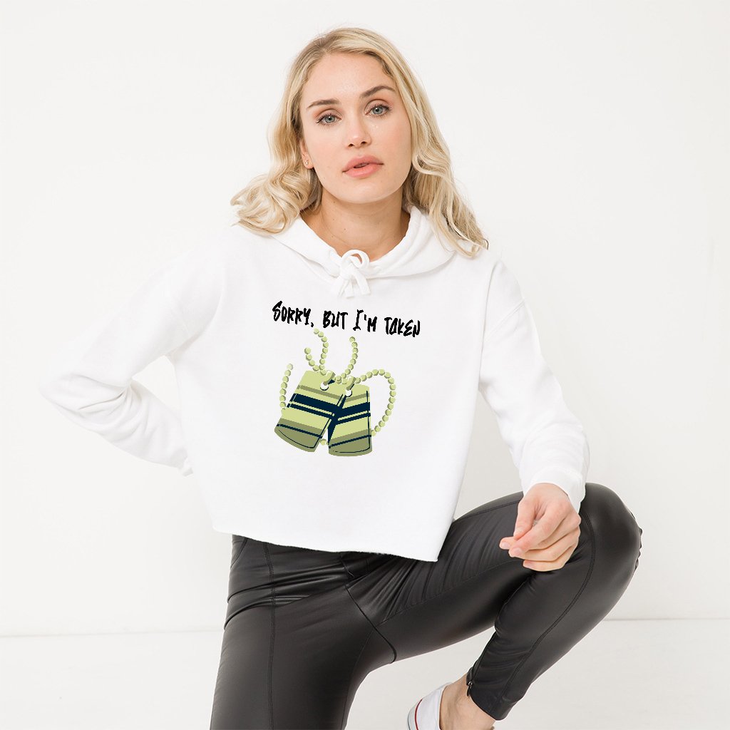 Women's Cropped Hoodie Sweatshirt (White, Pale Pink) - Sorry, But I'm Taken | US - Ohhh So Swag