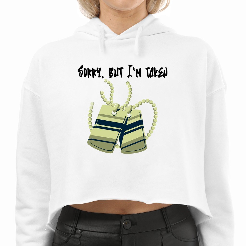 Women's Cropped Hoodie Sweatshirt (White, Pale Pink) - Sorry, But I'm Taken | US - Ohhh So Swag